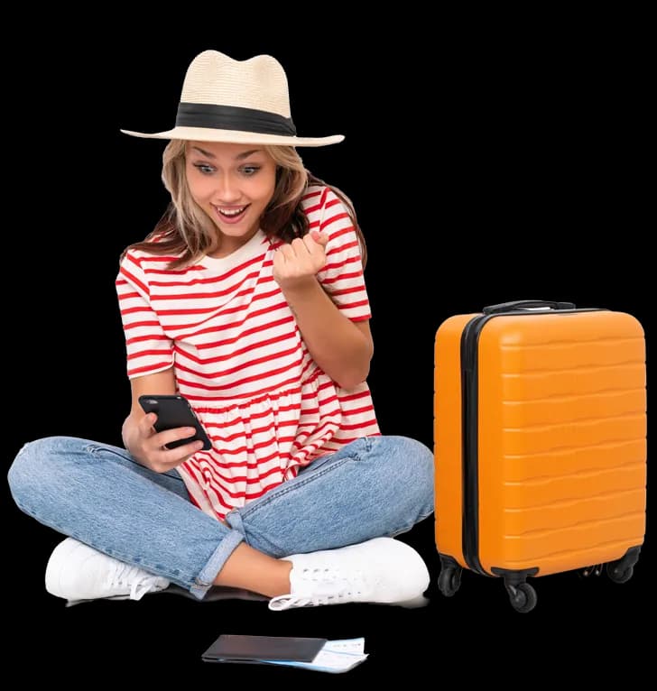 Traveler planning a trip on her phone
